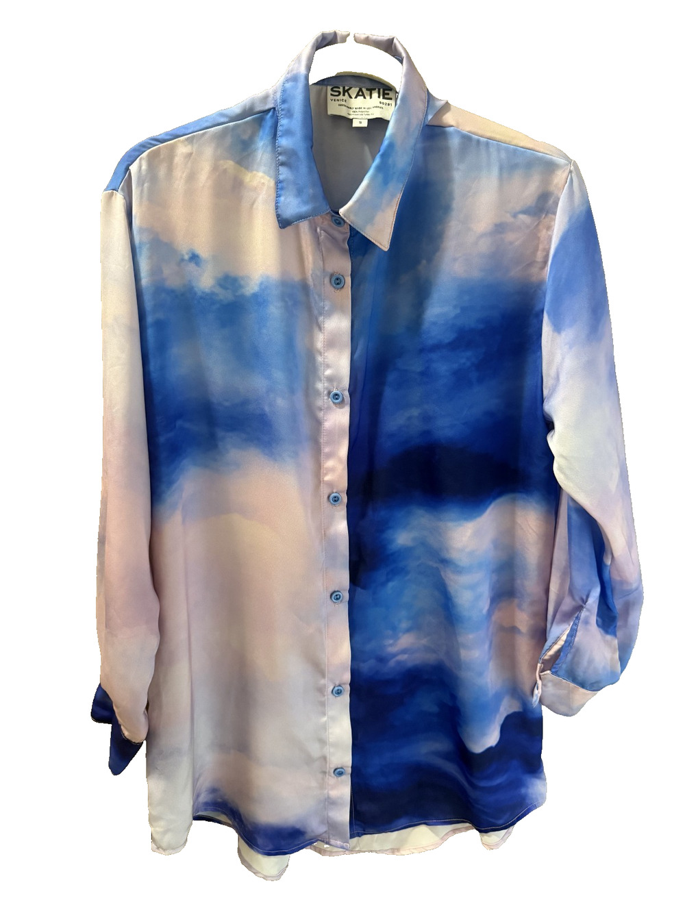 Skatie Women's Oversized Button Up Satin Cloud Print Size S Indie Retro USA
